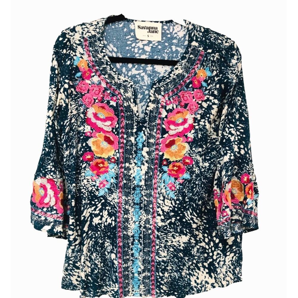 Savanna Jane Womens Embroider Top S 3/4 Bell Slv BOHO Fairy Hippie Abstract
